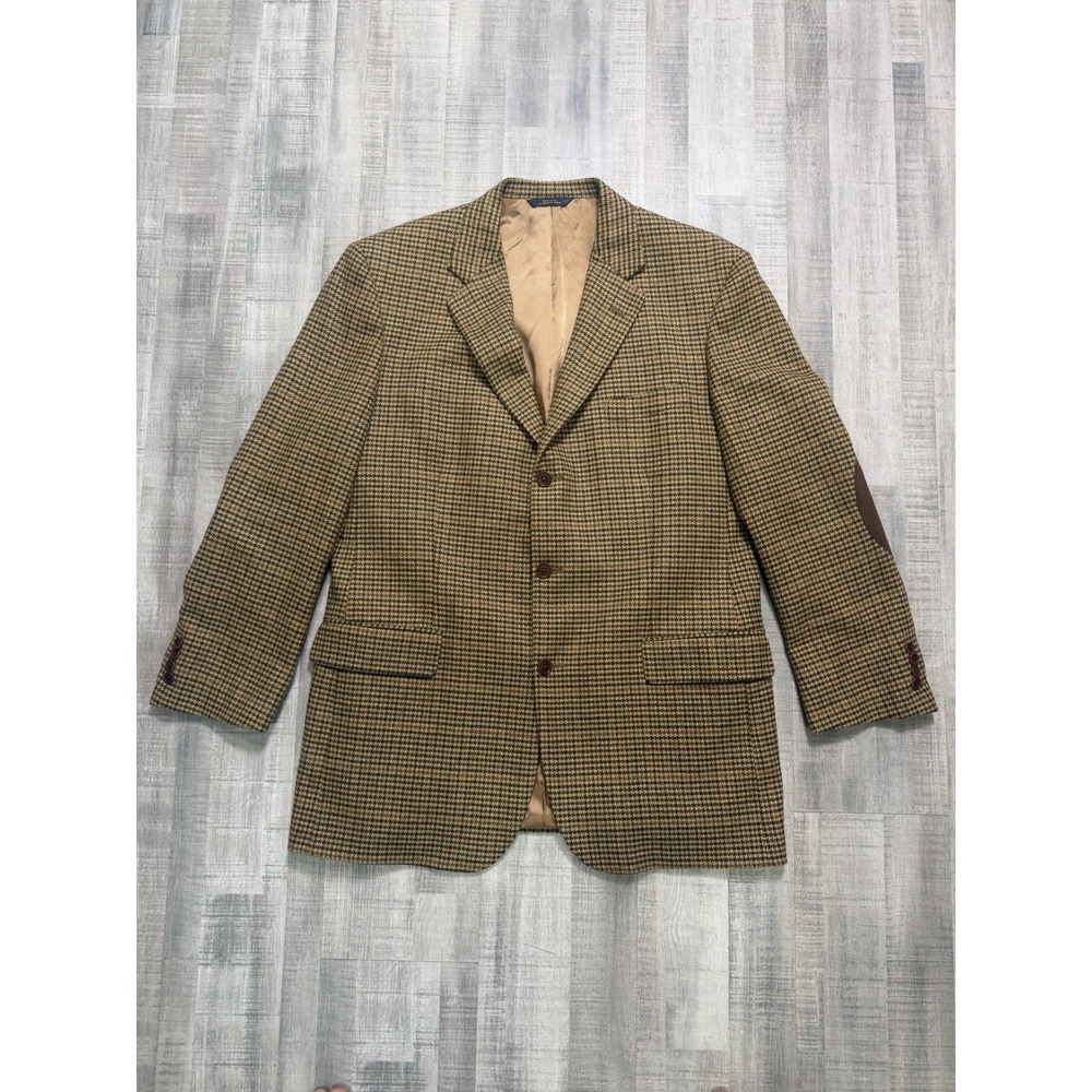 VTG Brooks Brothers Blazer Brown Houndstooth Jacket 44R Elbow Patch Made USA